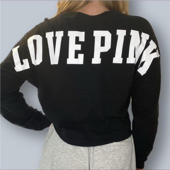 ❤️ LOVE PINK Victorias Secret Black Crop Cropped Hoodie Sweater Sweatshirt M - Picture 2 of 10